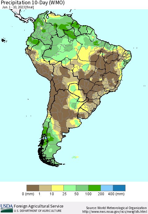 South America Precipitation 10-Day (WMO) Thematic Map For 6/1/2023 - 6/10/2023