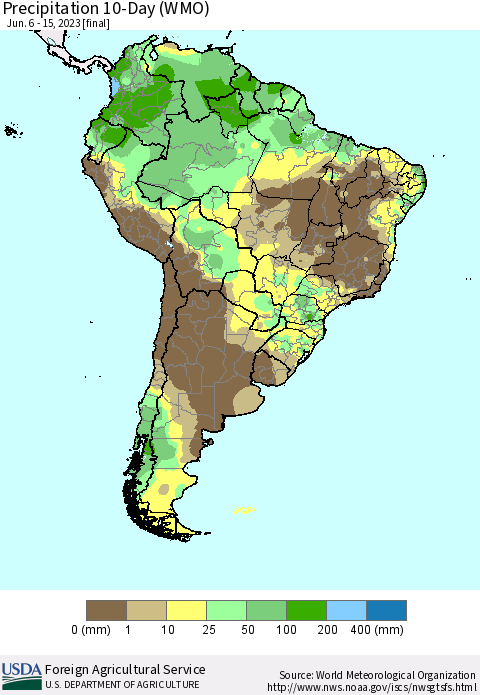 South America Precipitation 10-Day (WMO) Thematic Map For 6/6/2023 - 6/15/2023