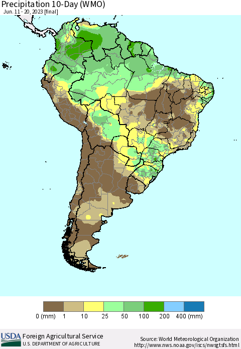 South America Precipitation 10-Day (WMO) Thematic Map For 6/11/2023 - 6/20/2023