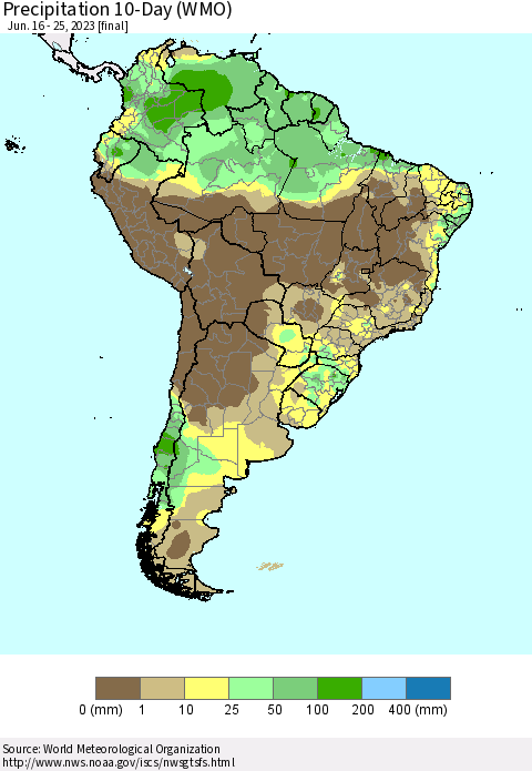 South America Precipitation 10-Day (WMO) Thematic Map For 6/16/2023 - 6/25/2023