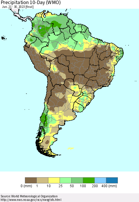 South America Precipitation 10-Day (WMO) Thematic Map For 6/21/2023 - 6/30/2023