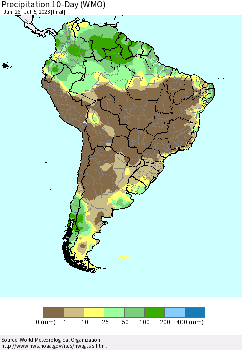 South America Precipitation 10-Day (WMO) Thematic Map For 6/26/2023 - 7/5/2023