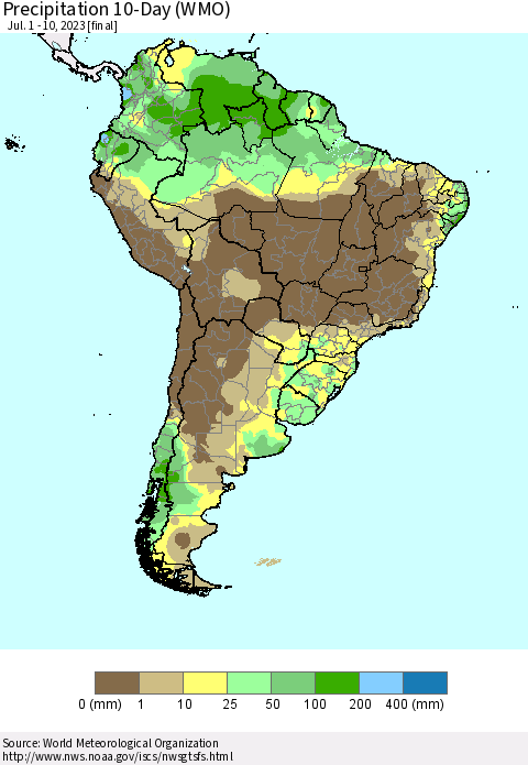 South America Precipitation 10-Day (WMO) Thematic Map For 7/1/2023 - 7/10/2023