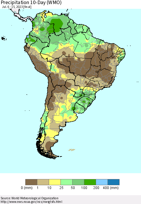 South America Precipitation 10-Day (WMO) Thematic Map For 7/6/2023 - 7/15/2023