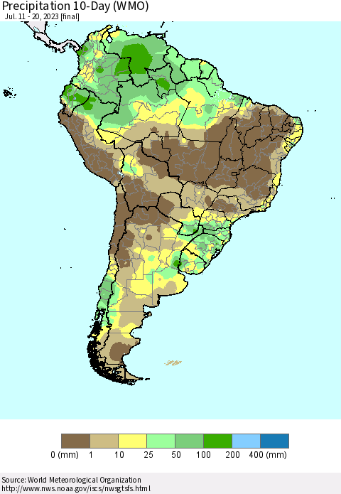 South America Precipitation 10-Day (WMO) Thematic Map For 7/11/2023 - 7/20/2023