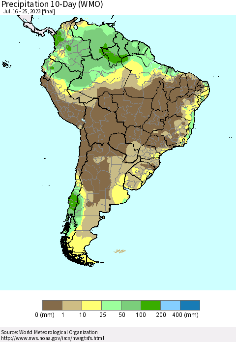 South America Precipitation 10-Day (WMO) Thematic Map For 7/16/2023 - 7/25/2023