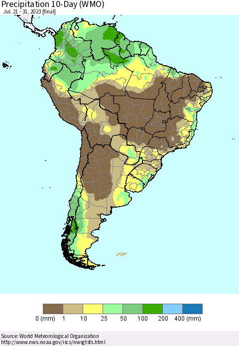 South America Precipitation 10-Day (WMO) Thematic Map For 7/21/2023 - 7/31/2023