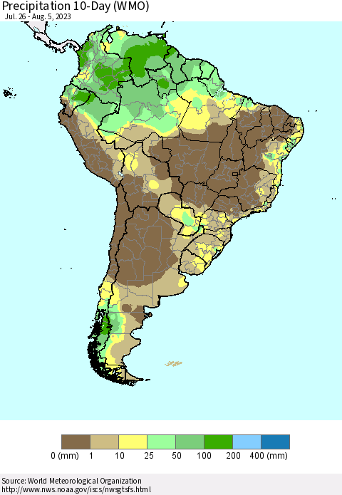 South America Precipitation 10-Day (WMO) Thematic Map For 7/26/2023 - 8/5/2023
