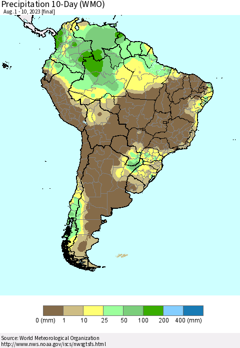 South America Precipitation 10-Day (WMO) Thematic Map For 8/1/2023 - 8/10/2023