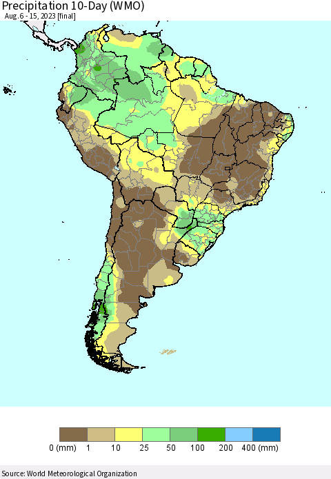 South America Precipitation 10-Day (WMO) Thematic Map For 8/6/2023 - 8/15/2023