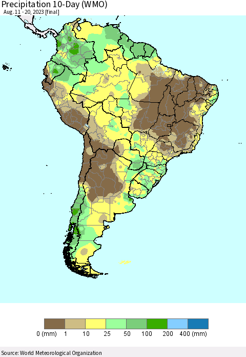 South America Precipitation 10-Day (WMO) Thematic Map For 8/11/2023 - 8/20/2023