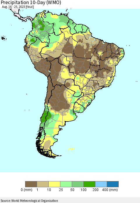South America Precipitation 10-Day (WMO) Thematic Map For 8/16/2023 - 8/25/2023
