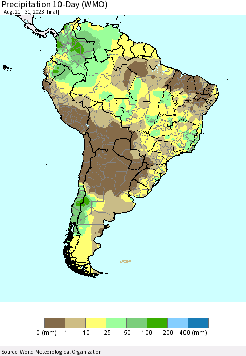 South America Precipitation 10-Day (WMO) Thematic Map For 8/21/2023 - 8/31/2023
