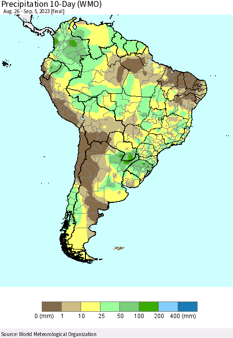 South America Precipitation 10-Day (WMO) Thematic Map For 8/26/2023 - 9/5/2023