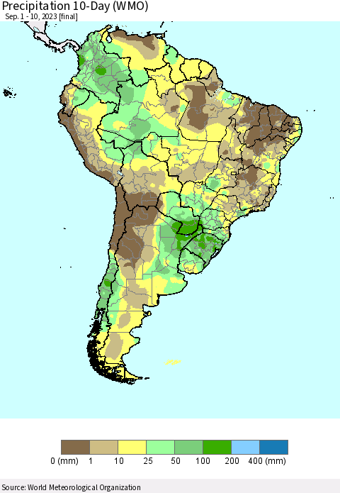South America Precipitation 10-Day (WMO) Thematic Map For 9/1/2023 - 9/10/2023