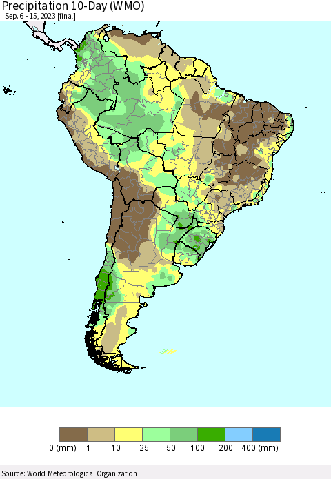 South America Precipitation 10-Day (WMO) Thematic Map For 9/6/2023 - 9/15/2023