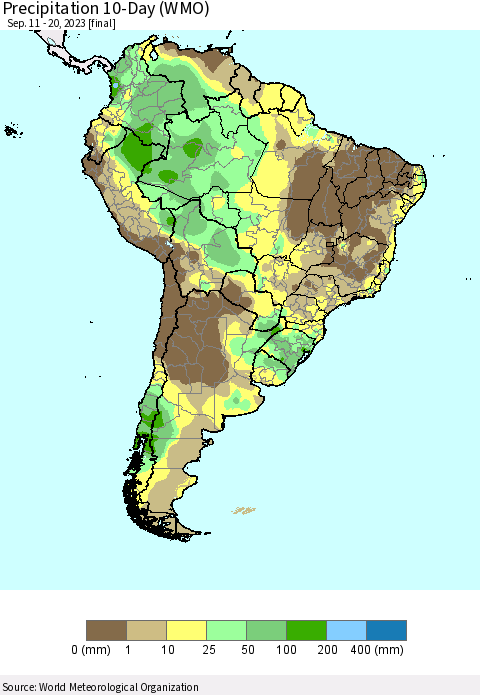 South America Precipitation 10-Day (WMO) Thematic Map For 9/11/2023 - 9/20/2023