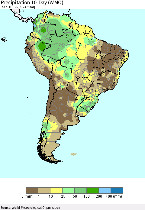 South America Precipitation 10-Day (WMO) Thematic Map For 9/16/2023 - 9/25/2023