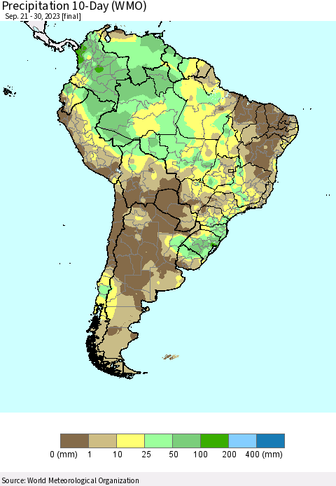 South America Precipitation 10-Day (WMO) Thematic Map For 9/21/2023 - 9/30/2023