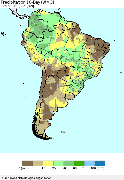 South America Precipitation 10-Day (WMO) Thematic Map For 9/26/2023 - 10/5/2023