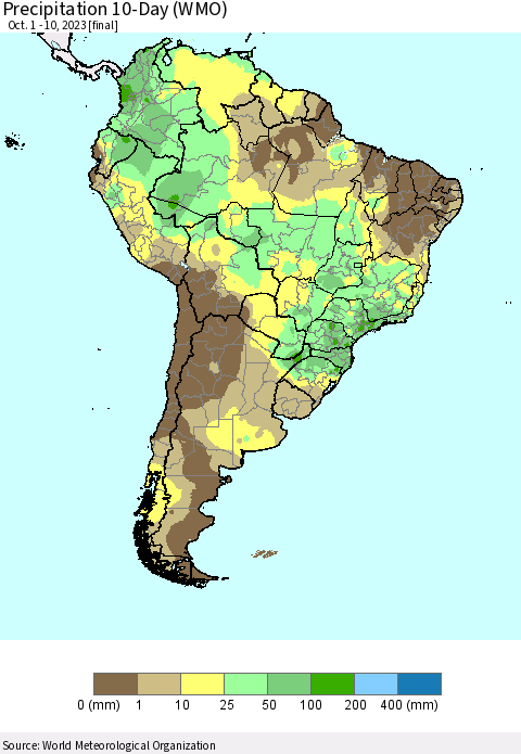 South America Precipitation 10-Day (WMO) Thematic Map For 10/1/2023 - 10/10/2023
