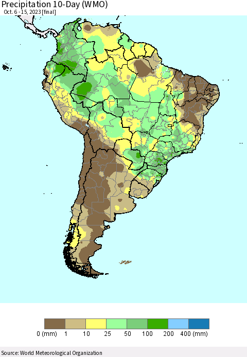South America Precipitation 10-Day (WMO) Thematic Map For 10/6/2023 - 10/15/2023
