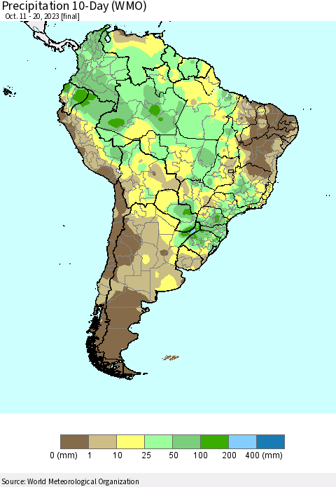 South America Precipitation 10-Day (WMO) Thematic Map For 10/11/2023 - 10/20/2023