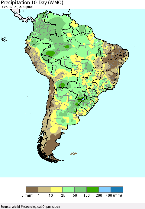 South America Precipitation 10-Day (WMO) Thematic Map For 10/16/2023 - 10/25/2023