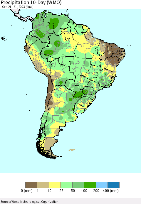 South America Precipitation 10-Day (WMO) Thematic Map For 10/21/2023 - 10/31/2023