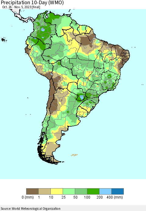 South America Precipitation 10-Day (WMO) Thematic Map For 10/26/2023 - 11/5/2023