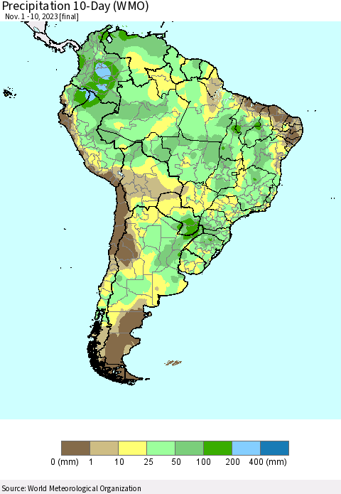 South America Precipitation 10-Day (WMO) Thematic Map For 11/1/2023 - 11/10/2023