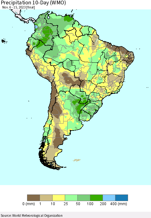 South America Precipitation 10-Day (WMO) Thematic Map For 11/6/2023 - 11/15/2023
