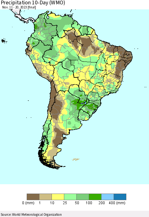 South America Precipitation 10-Day (WMO) Thematic Map For 11/11/2023 - 11/20/2023