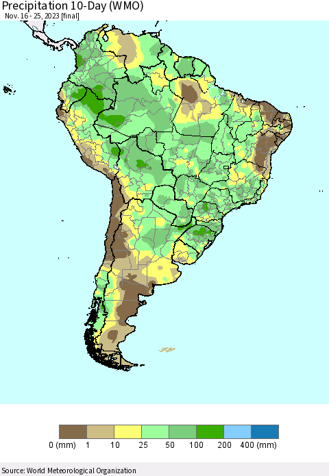 South America Precipitation 10-Day (WMO) Thematic Map For 11/16/2023 - 11/25/2023