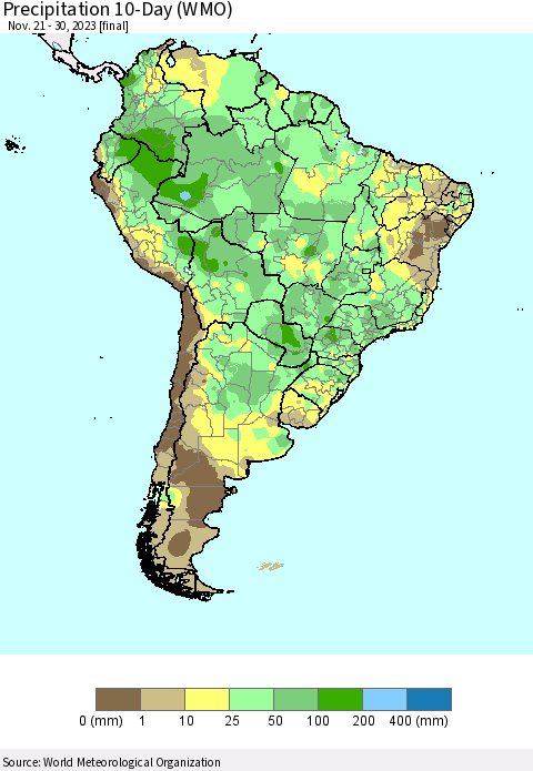 South America Precipitation 10-Day (WMO) Thematic Map For 11/21/2023 - 11/30/2023