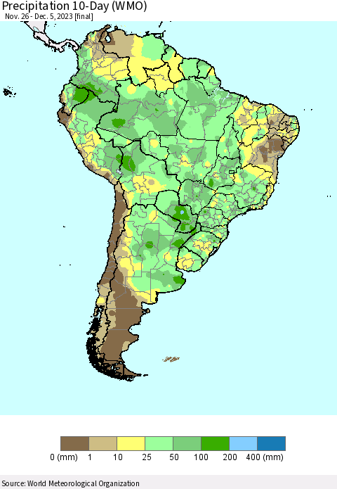 South America Precipitation 10-Day (WMO) Thematic Map For 11/26/2023 - 12/5/2023