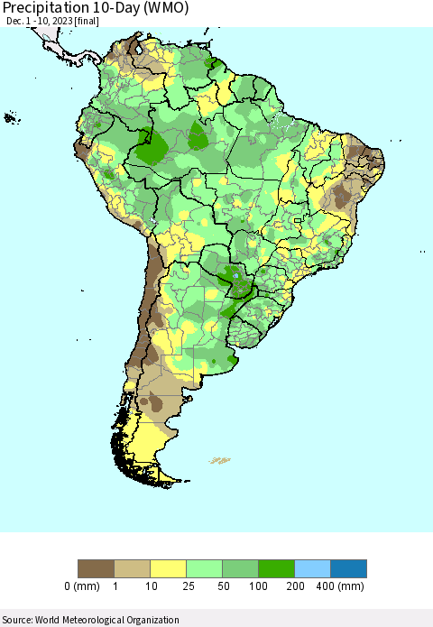 South America Precipitation 10-Day (WMO) Thematic Map For 12/1/2023 - 12/10/2023
