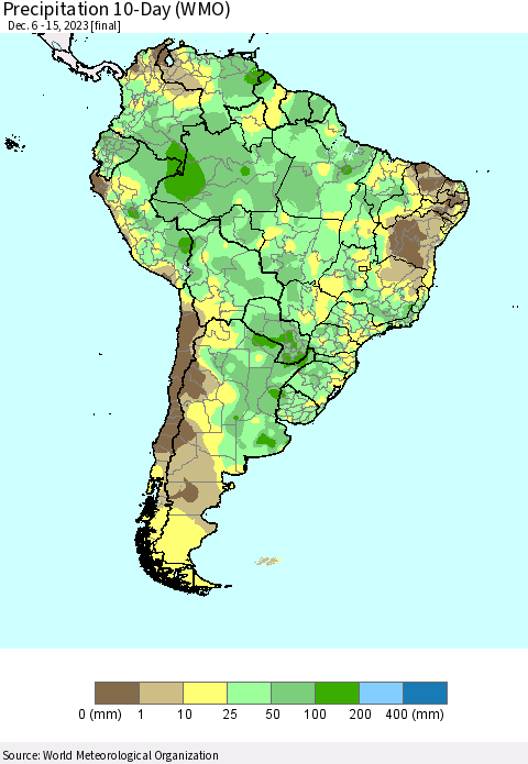 South America Precipitation 10-Day (WMO) Thematic Map For 12/6/2023 - 12/15/2023