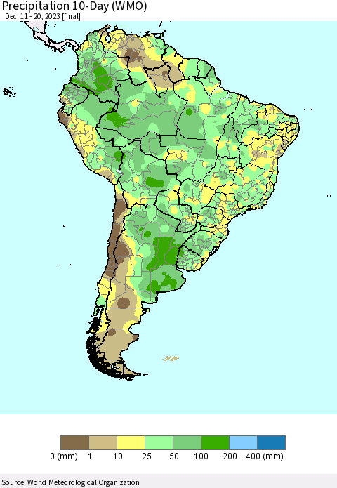 South America Precipitation 10-Day (WMO) Thematic Map For 12/11/2023 - 12/20/2023