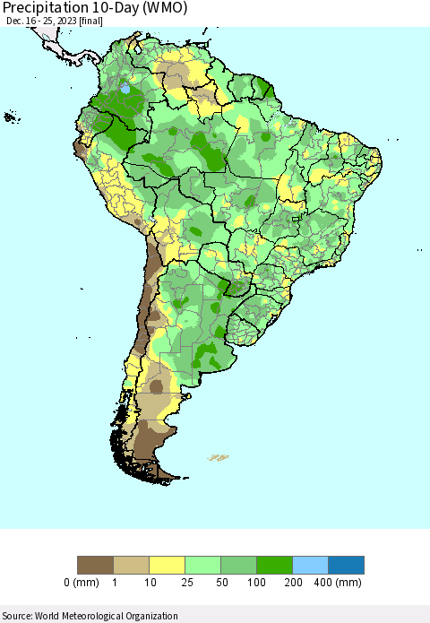 South America Precipitation 10-Day (WMO) Thematic Map For 12/16/2023 - 12/25/2023