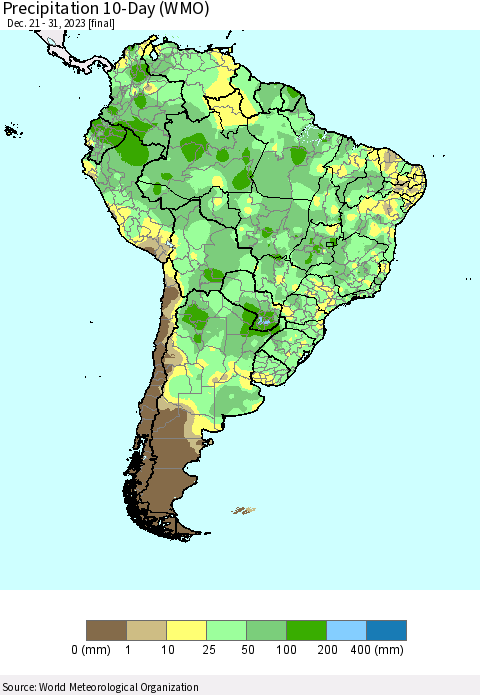 South America Precipitation 10-Day (WMO) Thematic Map For 12/21/2023 - 12/31/2023