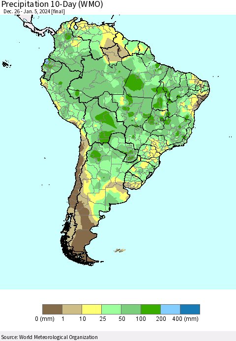 South America Precipitation 10-Day (WMO) Thematic Map For 12/26/2023 - 1/5/2024