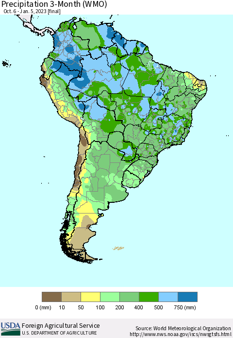 South America Precipitation 3-Month (WMO) Thematic Map For 10/6/2022 - 1/5/2023