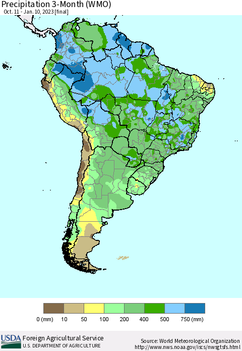 South America Precipitation 3-Month (WMO) Thematic Map For 10/11/2022 - 1/10/2023