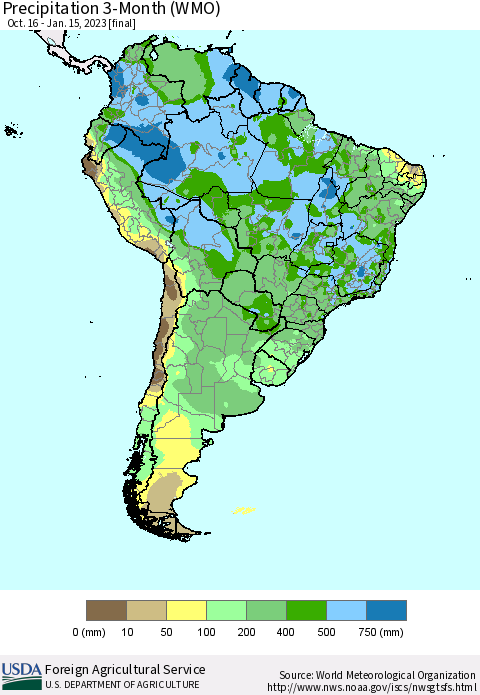 South America Precipitation 3-Month (WMO) Thematic Map For 10/16/2022 - 1/15/2023