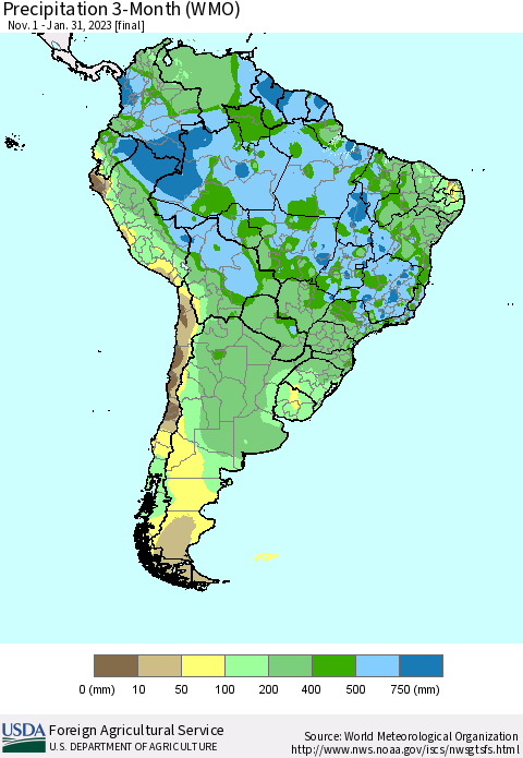 South America Precipitation 3-Month (WMO) Thematic Map For 11/1/2022 - 1/31/2023