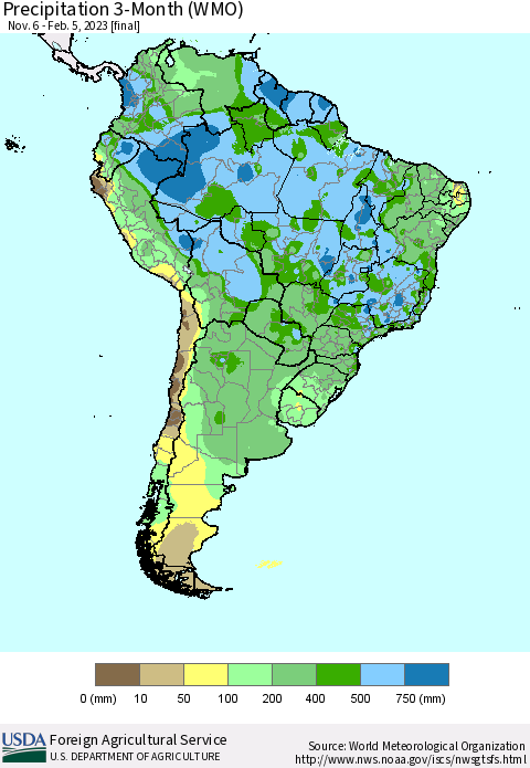 South America Precipitation 3-Month (WMO) Thematic Map For 11/6/2022 - 2/5/2023