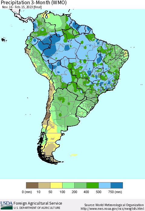 South America Precipitation 3-Month (WMO) Thematic Map For 11/16/2022 - 2/15/2023