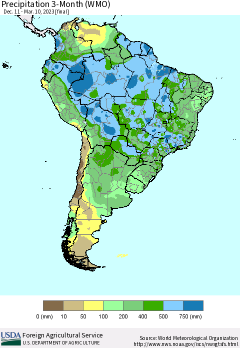 South America Precipitation 3-Month (WMO) Thematic Map For 12/11/2022 - 3/10/2023