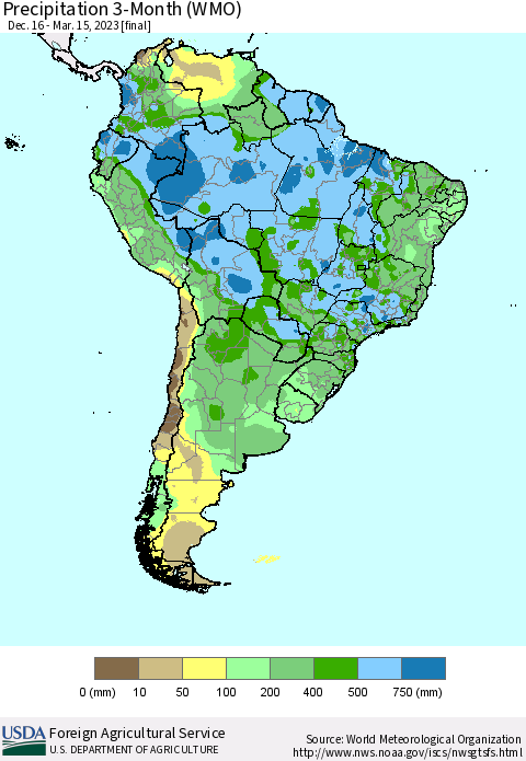 South America Precipitation 3-Month (WMO) Thematic Map For 12/16/2022 - 3/15/2023